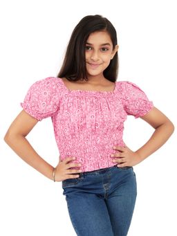 Olele - Girls Bobin Smocked Cotton Top Block Printed Pink