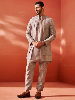 Vastramay - Rose Gold Silk Blend Embroidered Sherwani with Kurta and Pant (Set of 3)