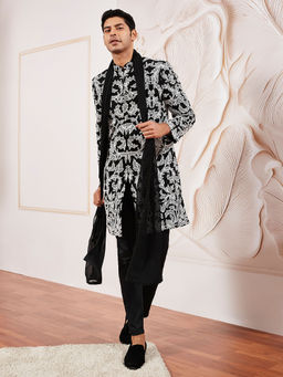 Vastramay - Black Georgette Embroidered Sherwani with Pant and Dupatta (Set of 3)