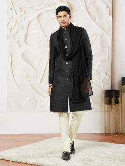 Vastramay - Silk Blend Jacquard Sherwani with Kurta Pyjama and Embroidered Dupatta (Set of 4)