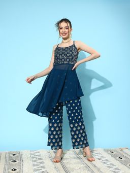 Libas - Blue Georgette Embroidered Asymmetric Co-Ord (Set of 2)