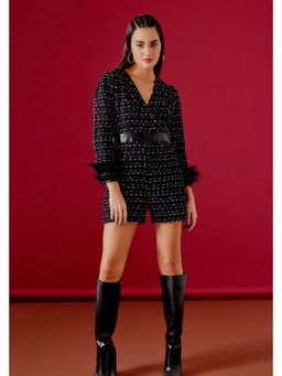 BOHO-CHIC By Sukriti Jain - Black Metallic Tweed Feather Trimmed Playsuit