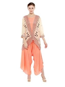 Soup by Sougat Paul - Bagru Printed Cowl Peach Jumpsuit with Jacket