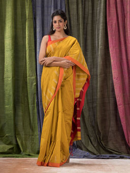 Angoshobha - Yellow Cotton Blended Traditional Jamdani Saree with Unstitched Blouse