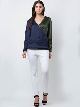 Dodo & Moa - Women Blue Color Block Wrap Top