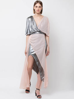 Dodo & Moa - Women Silver-Toned Pink Color Block Maxi Dress