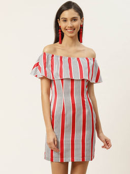 Dodo & Moa - Women White Red Striped Layered Off-Shoulder Sheath Dress