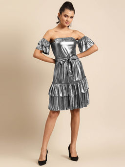 Dodo & Moa - Women Silver Solid Smocking A-Line Dress with Belt (Set of 2)