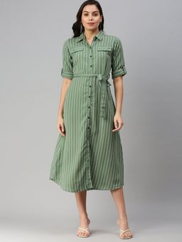 SHOWOFF - Women's Midi Striped Green Shirt Collar Shirt Dress (Set of 2)