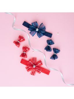 Ribbon Candy - 2 Pairs Bow Alligator Pins & 4 Pinwheel Stretchy Bands-Red, Navy (Pack of 6)