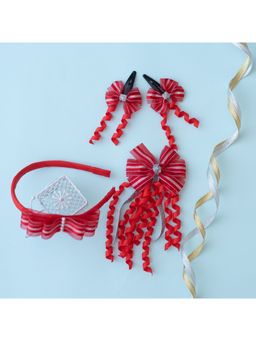 Ribbon Candy - A Pair Of Shiny Bow Tic-Tacs, Fancy Alligator Pin & A Hair Band-Red, Silver (Pack of 4)