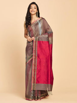 Fabindia - Grey Cotton Silk Blend Hand Block Printed Saree Without Blouse