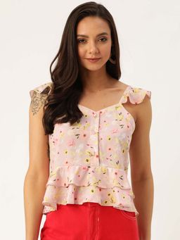 Twenty Dresses by Nykaa Fashion - Light Pink Floral Sweetheart Neck Ruffled Top