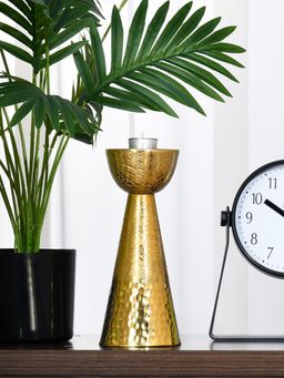 At Home by Nilkamal - Decorative Criss Cross Textured Metal Candle Holder (19 cm, Gold)