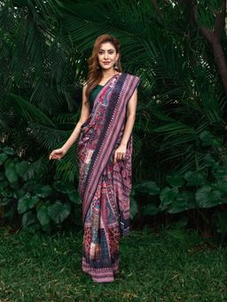 Beatitude - Women Black Pink Printed Silk Blend Saree with Unstitched Blouse
