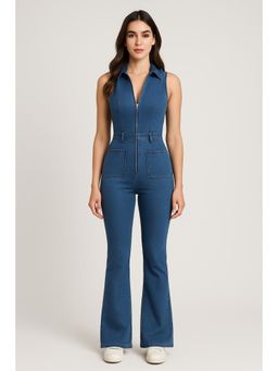 Cider - Denim Collar Flare Leg Jumpsuit