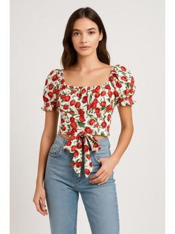 Cider - Cherry Bow Puff Sleeve Crop Top