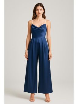 Cider - Navy Solid Satin Pearls Cowl Neck Jumpsuit