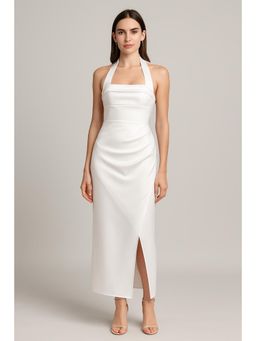 Cider - Satin Halter Knotted Split Midi Dress