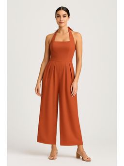 Cider - Halter Knotted Pleated Wide Leg Jumpsuit