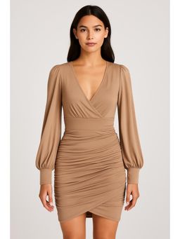Cider - Solid Ruched V Neck Dress