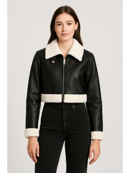 Cider - Faux Shearling Collar Crop Jacket