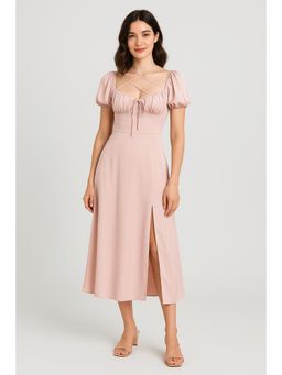 Cider - Satin Knotted Puff Sleeve Split Midi Dress