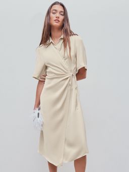Cider - Woven Collar Belted Twist Midi Dress