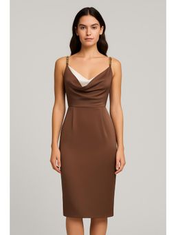 Cider - Satin Cowl Neck Solid Split Midi Dress
