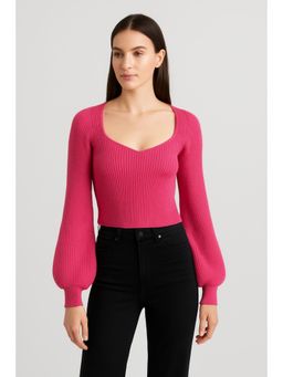 Cider - Knit Sweetheart Neck Solid Lantern Sleeve Top
