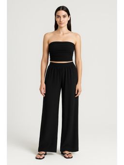 Cider - Solid Texture Ruched Tube Top and Wide Leg Trousers Set (Set of 2)