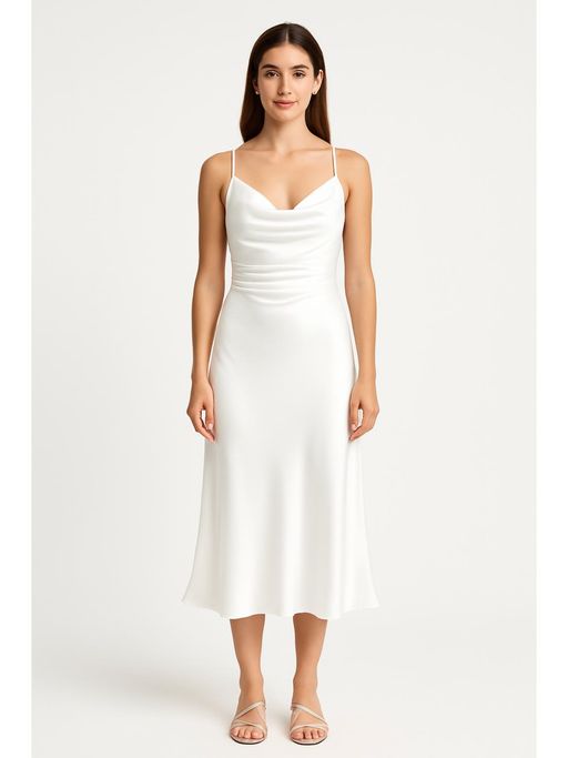 Buy Cider White Satin Cowl Neck Sleeveless Mermaid Midi Dress (L) Online