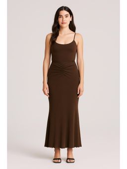 Cider - Brown Solid Lettuce Hem Mermaid Maxi Skirt
