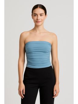Cider - Blue Strapless Ruched Crop Top