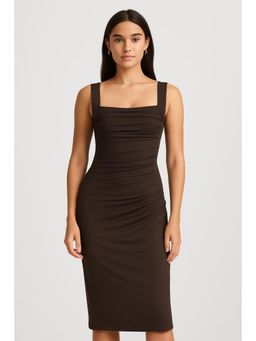 Cider - Brown Square Neck Ruched Sleeveless Midi Dress
