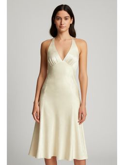 Cider - Beige Satin Floral V-Neck Knotted Ruffle Maxi Dress
