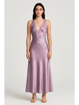 Cider - Purple Satin Floral V-Neck Knotted Ruffle Maxi Dress