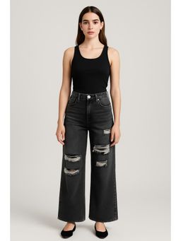 Cider - Grey High Waist Ripped Straight Leg Jeans