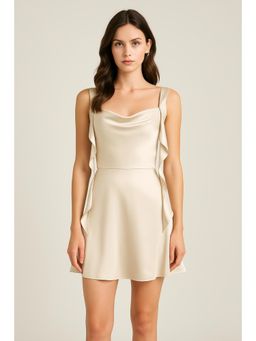 Cider - Beige Satin Ruched Ruffle Hem Mini Dress