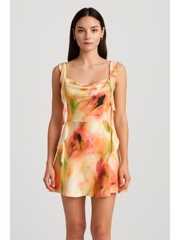 Cider - Orange Satin Ruched Ruffle Hem Mini Dress