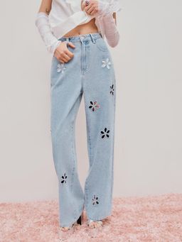 Cider - Blue High Waist Floral Pocket Wide Leg Jeans