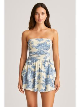 Cider - Blue Toile De Jouy Shirred Ruched Mini Dress