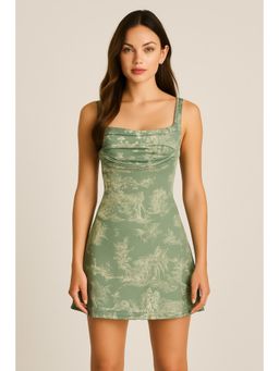 Cider - Green Toile De Jouy Ruched Mini Dress