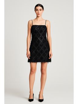 Cider - Black Sequins Square Neck Geometric Tassel Mini Dress