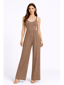 Cider - Beige Contrasting Binding Pocket Wide Leg Jumpsuit