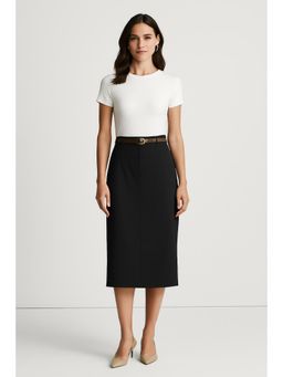 Cider - Black French Riviera Vacation Linen Blend Mid Rise Solid Midi Skirt with Belt (Set of 2)