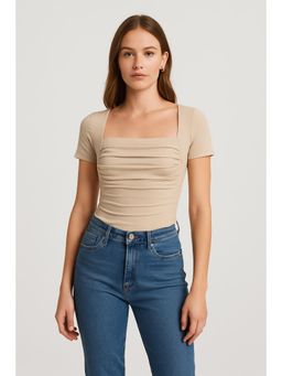 Cider - Beige Square Neck Ruched Short Sleeve Top