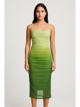 Cider - Green Mesh Shoulder Strap Neck Gradient Ruched Maxi Dress