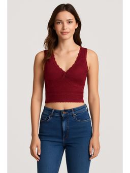Cider - Maroon Self Design Lace Crop Top