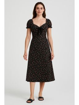Cider - Black Sweetheart Neck Floral Bowknot Puff Sleeve Midi Dress ()